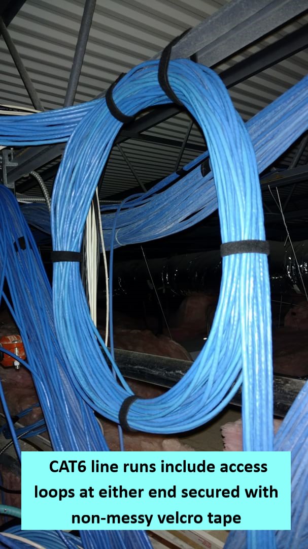 Internet wiring of CAT5e, CAT6, or CAT7 Networks, this was run in a massive warehouse, with 15 lines per run with a total of over 250 throughout the warehouse.